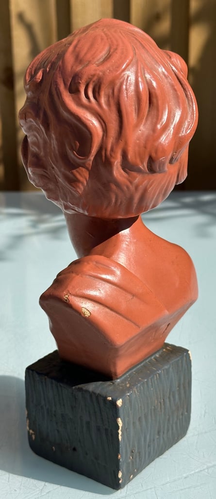 ANTIQUE FRENCH PLASTER BUST OF A YOUNG BOY, PAINTED CHALKWARE STATUE, 27cm tall - 1900s - WILL POST!