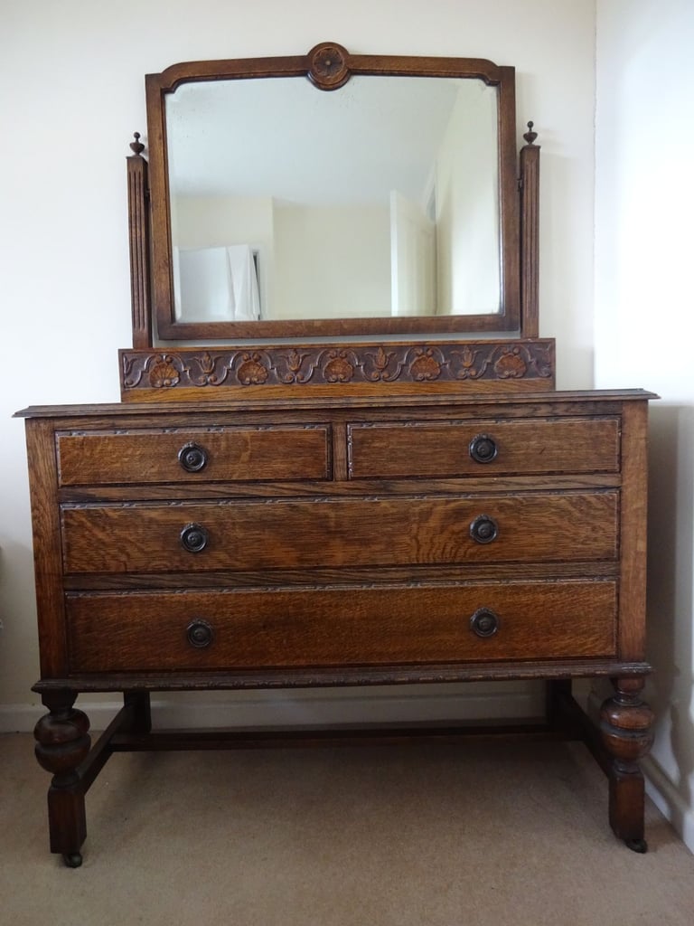 ANTIQUE OAK DRESSING TABLE & CARVED UPSTAND WITH REMOVEABLE MIRROR