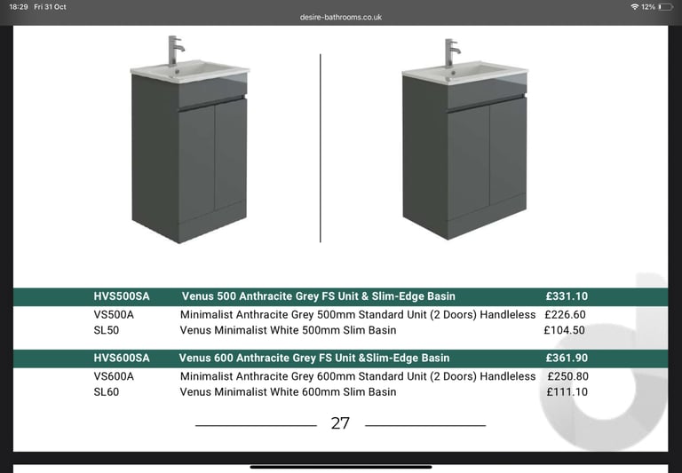 Desire bathrooms, vanity, basin, WC unit, BTW pan , seat, cistern, mixer &waste anthracite or white