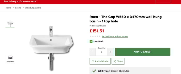 Bathroom Sink - Roca Gap w550 x d470 wall hung, 1 tap hole 