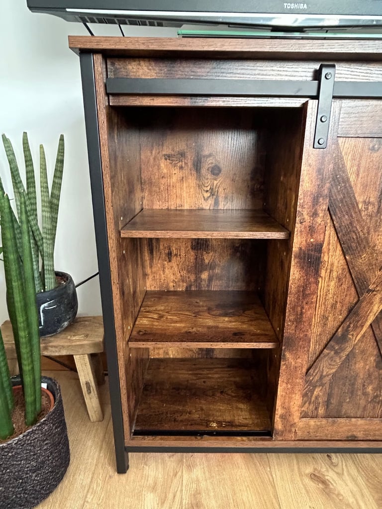Bookcase / Tv stand with sliding barn door - excellent condition