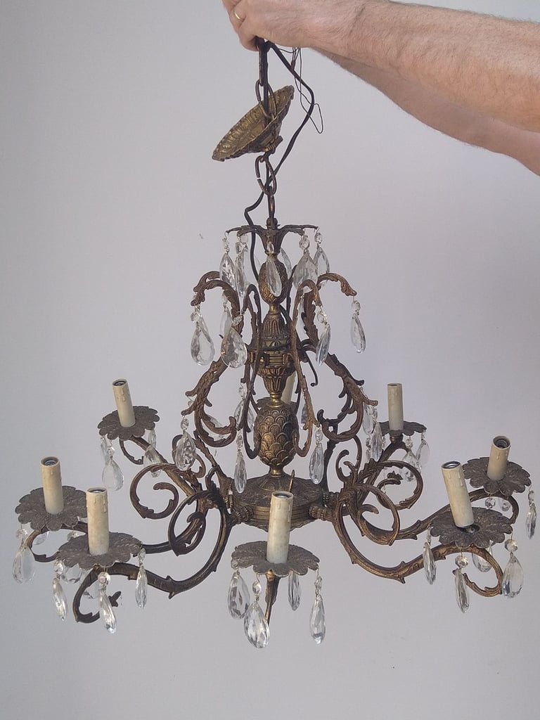 image for Mid-Century 8 Light Brass & Crystal Prism Spanish Chandelier