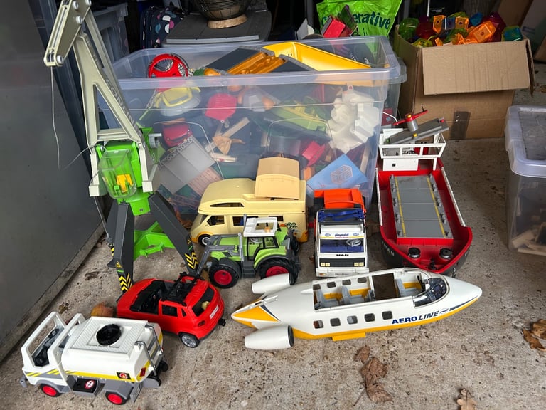 Huge collection of Playmobil. Barge. Caravan trucks crane boats tractors 