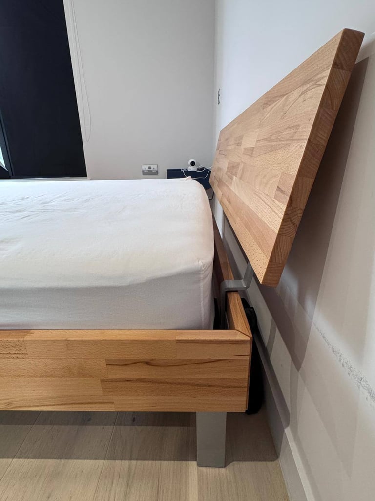 image for Modern Hasena Solid Oak Bed (140x200cm) – Hardly Used – Modern Design + With Slats