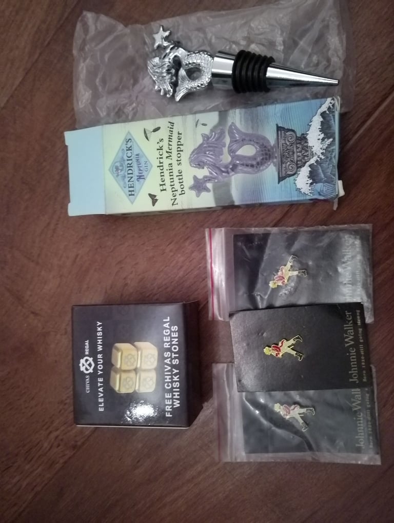 image for Chivas Regal whisky stones, Johnnie Walker pin badges, Hendricks Gin bottle stopper 