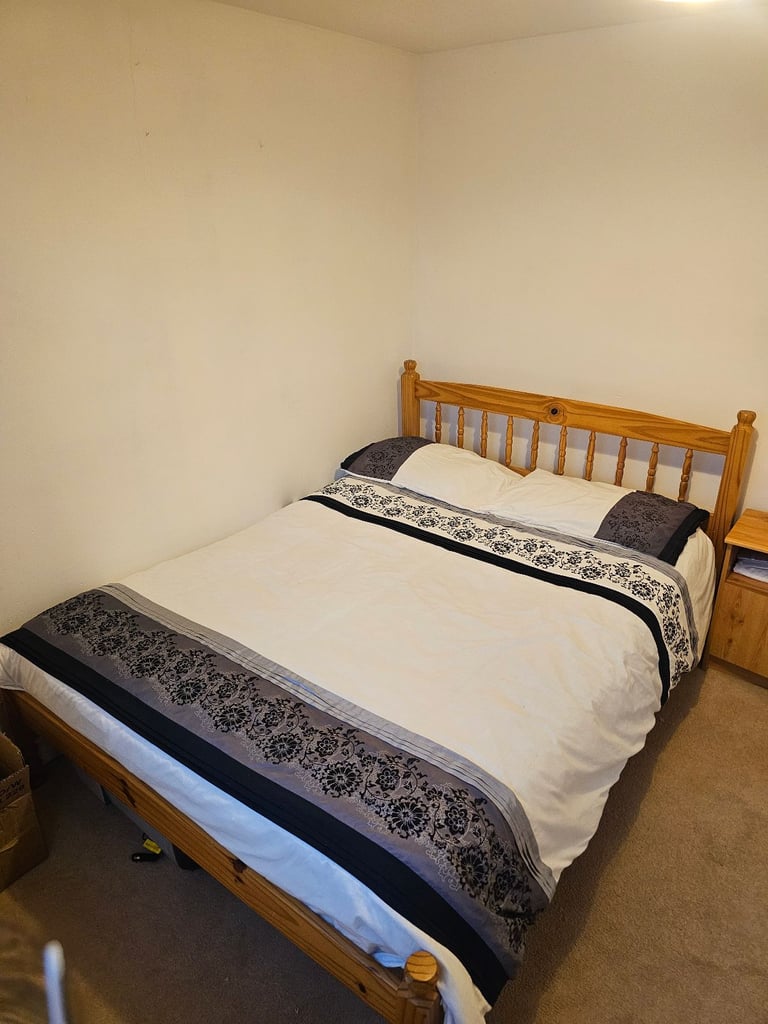 image for Pine double bed mattress and side table.