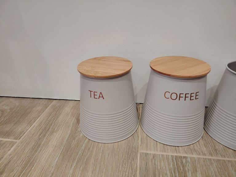 2 Piece Stackable Canister Set Wooden Lid Storage Pot Tea Coffee Jar Food Container