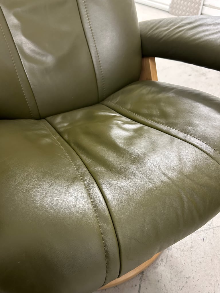 Ekornes Stressless Medium Signature Wing Dark Olive Leather Chairs & Footstool