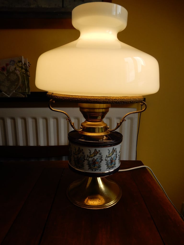 Antique Table lamp Porcelain and brass with opaline lampshade