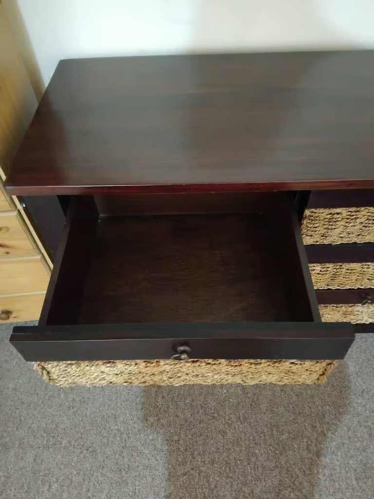 Excellent Quality and Great Condition Heavy Dark Wood and Wicker Chest of Drawers With 6 Drawers
