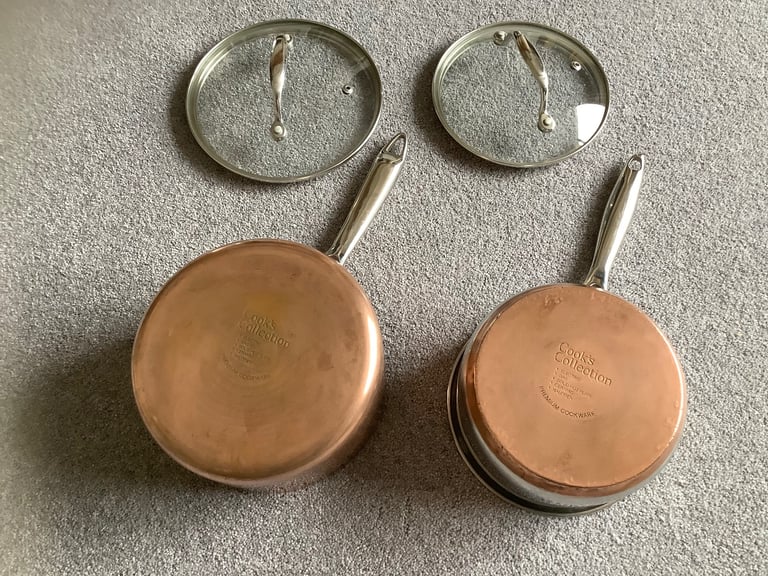 2 X Cook’s Collection Copper Bottom Saucepans and Lids. 18cm & 17cm.