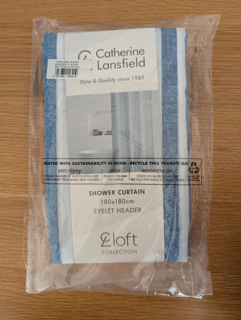 image for Catherine Lansfield Shower Curtain Blue/White stripes 180x180cm Brand new/sealed Colchester
