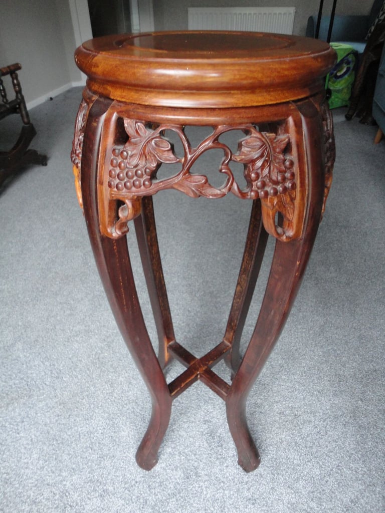 Asian hardwood chinoiserie, hand carved plant pot pedestal table, round wooden top