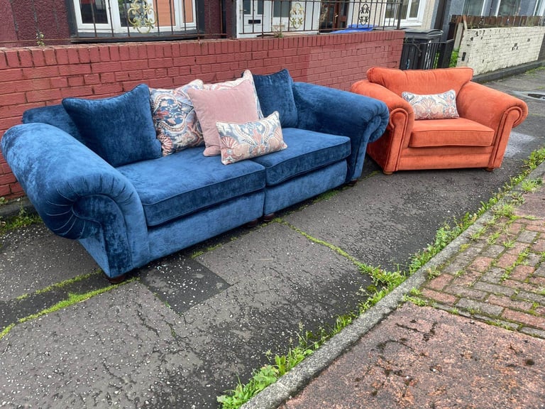 Big 2 seater and chairs and a half in a velvet fabric new condition £599
