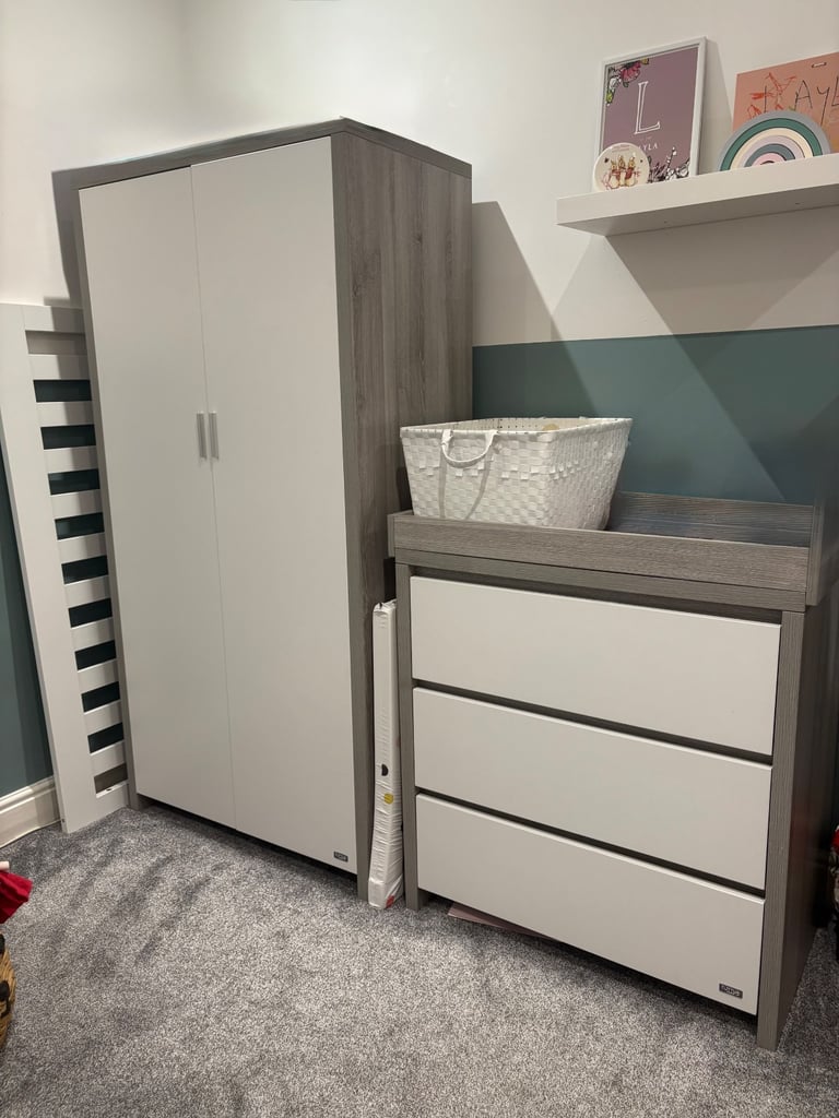 Tutti Bambini Modena Kids Wardrobe & Changing Table Drawer Set – Grey Ash & White Nursery Furniture