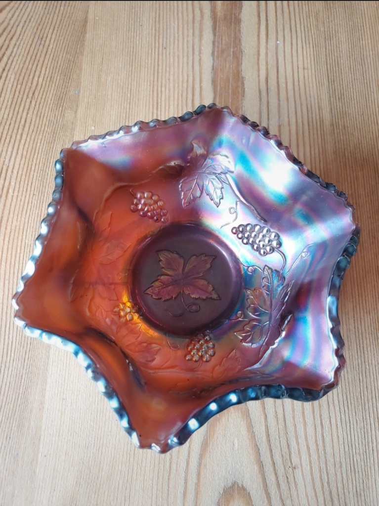 image for Amethyst grape and vine irredecent carnival glass bowl 14cm diameter