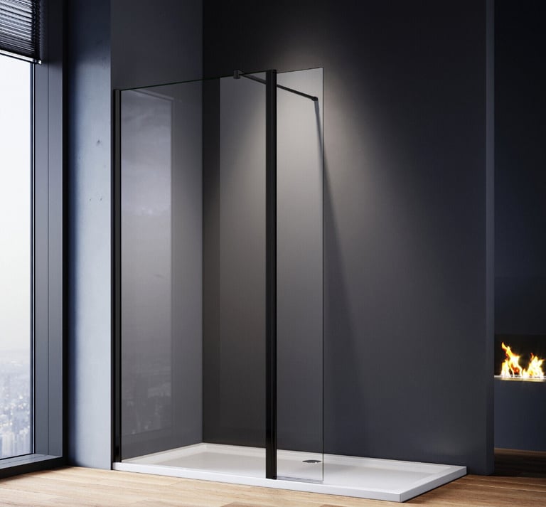 image for New Clear 8mm Walk In Shower Screen + Flipper and Black Fittings 900mm RRP £285 Our Price £170
