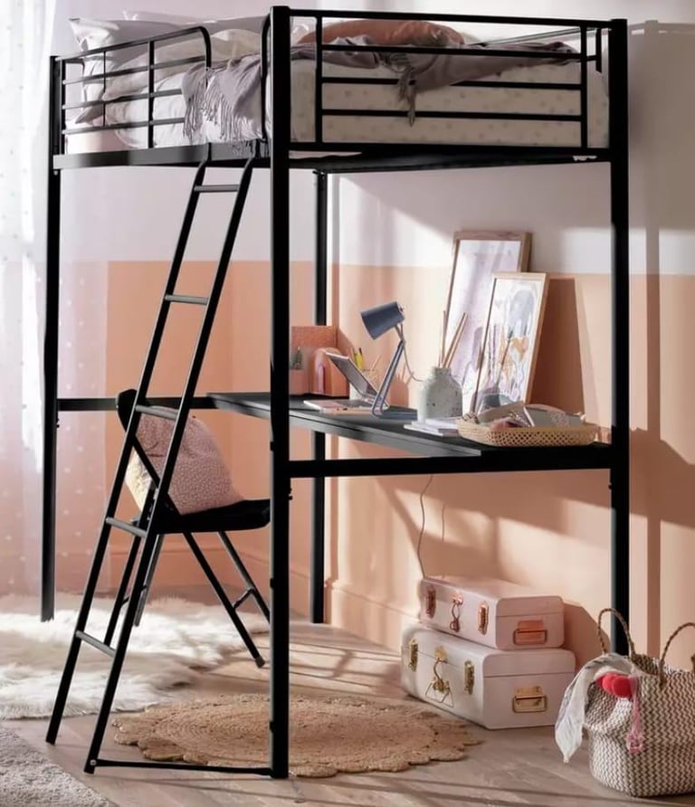 image for High sleeper bed and mattress underneath desk