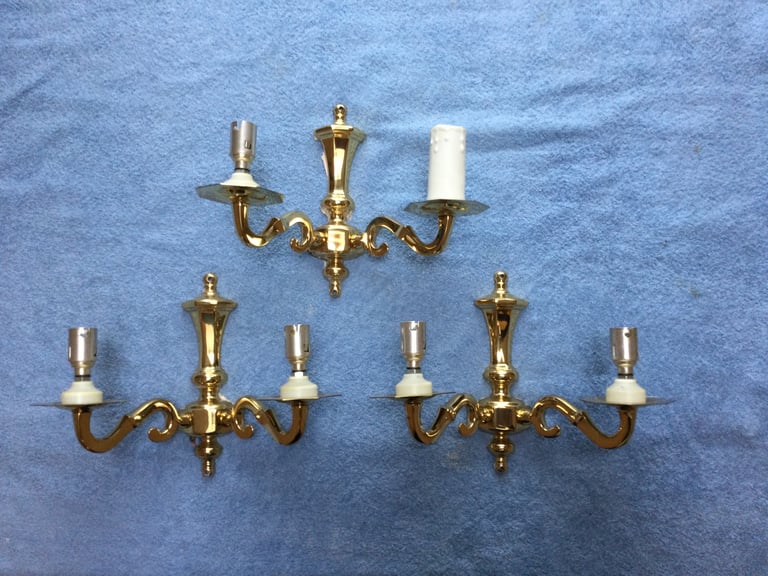 Brass double wall lights x 3, complete with x 6 quality light shades