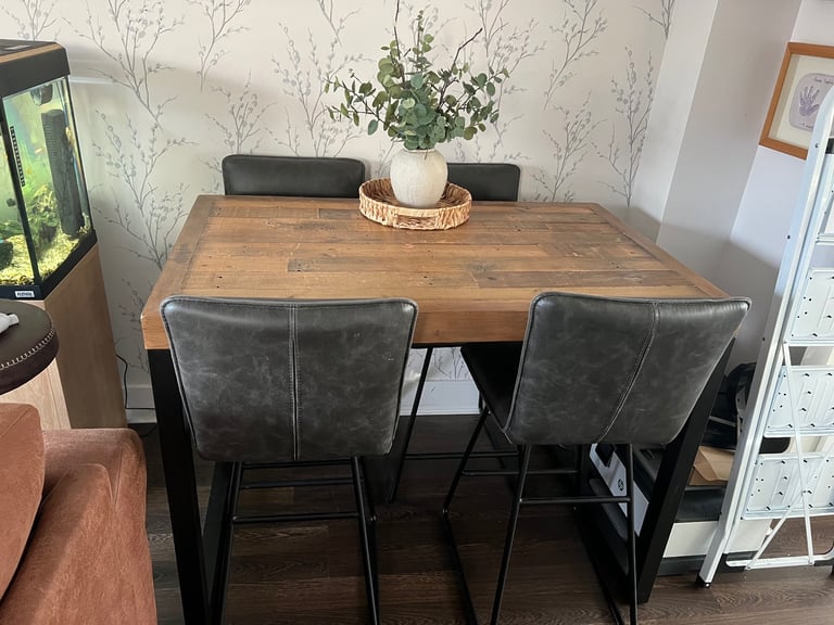 Cox and cox high dining table and leather swivel stools 