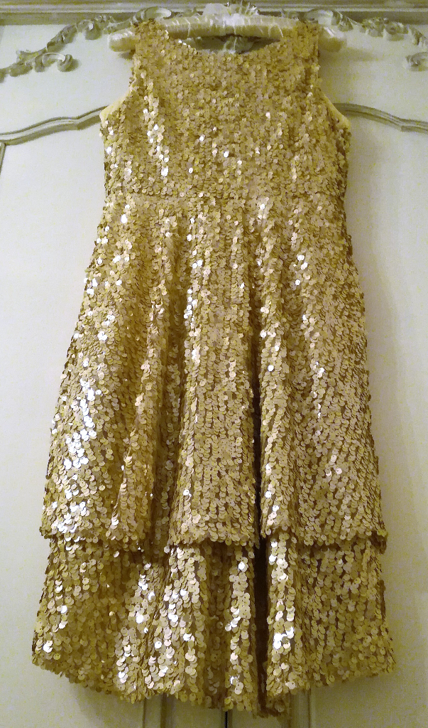DESIGNER SEQUIN DRESS Peach Gold Short 2 Tier Ruffle Sleeveless Scoop Neck Zip Hour Glass Style PROM