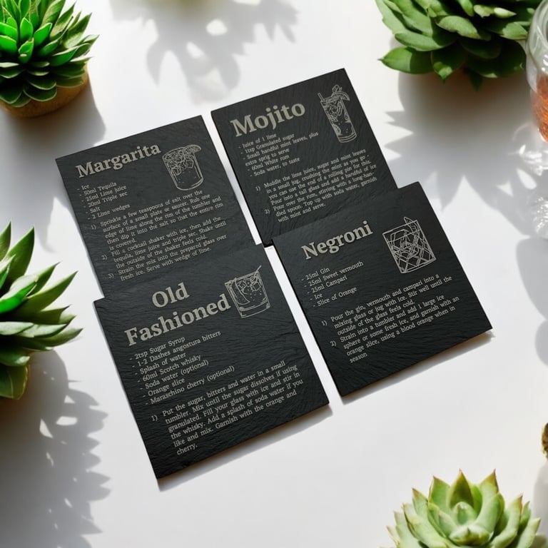 image for Cocktail Recipes Coasters | Cocktail Recipes Slate | Engraved Coasters | Gift | Present | Birthday
