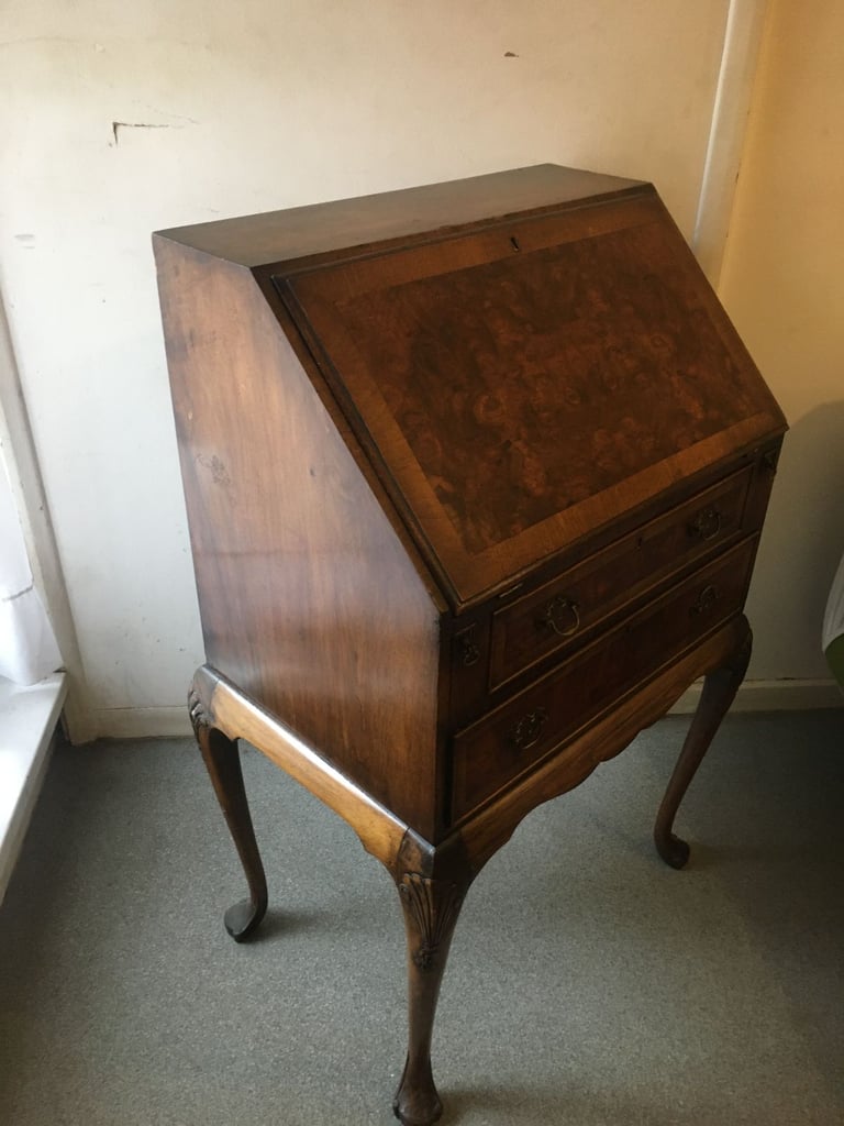 Antique Queen Anne Walnut Ladies Writing Bureau 1930's Secretaire 2 Drawers with Cabriole Supports