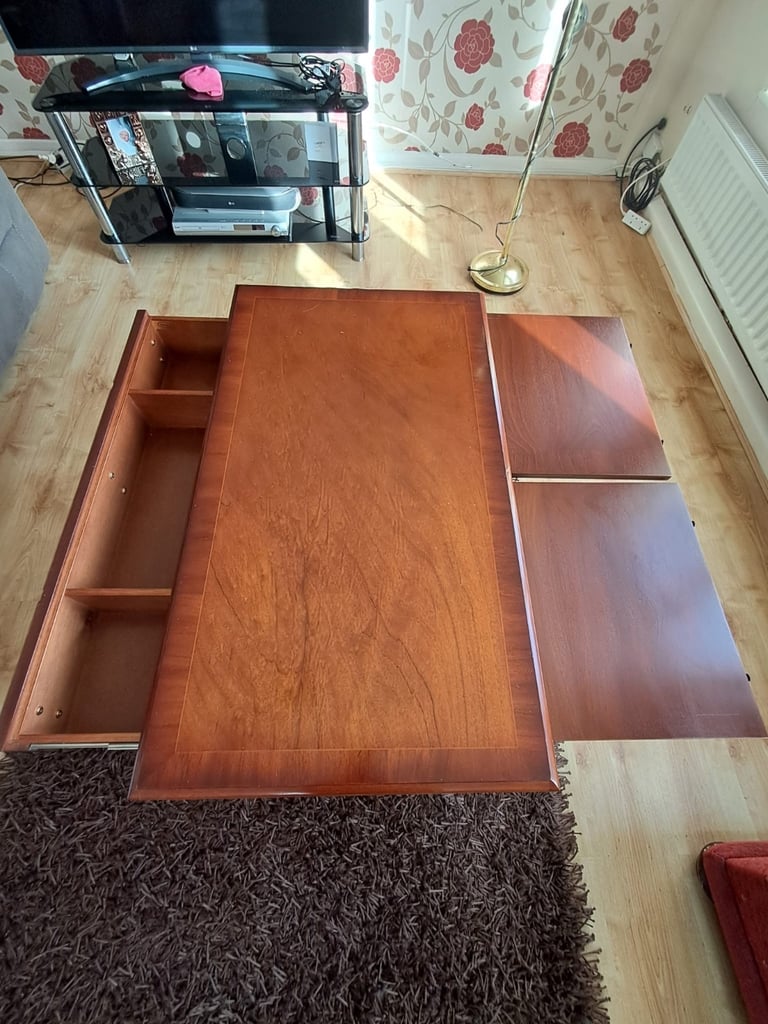 Bradley Furniture Burr Yew Wood Two Drawer Coffee Table + Butlers Serving Trays