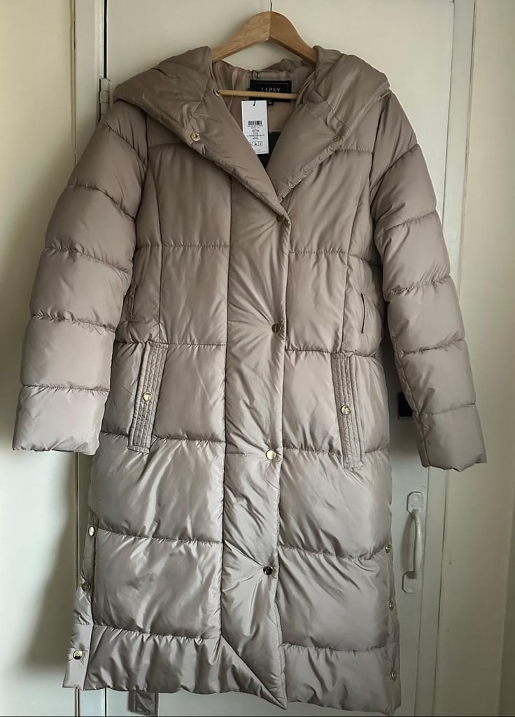 New Lipsy Women's Puffer Beige Hooded Coat with tag and belt - size 10