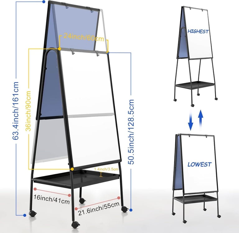 BRAND NEW : MAKELLO Rolling Whiteboard – 90x60cm, Double-Sided, Height Adjustable, Storage Tray
