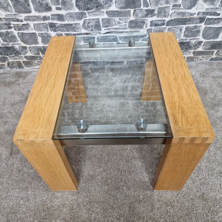 Modern Oak & Glass Side Table with Brushed Steel Detail