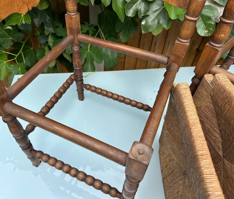 VINTAGE FRENCH BOBBIN LEG CHAIRS, CORNER CHAIRS, RUSH SEAT, H74cm - 1900s ARTS & CRAFTS - WILL POST!