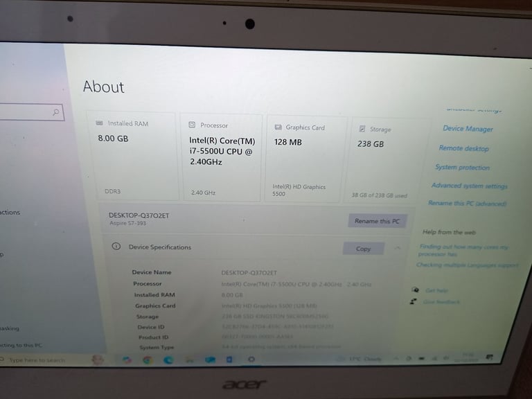 Acer Aspire S7 Intel i7 Touchscreen 8GB RAM 256GB SSD