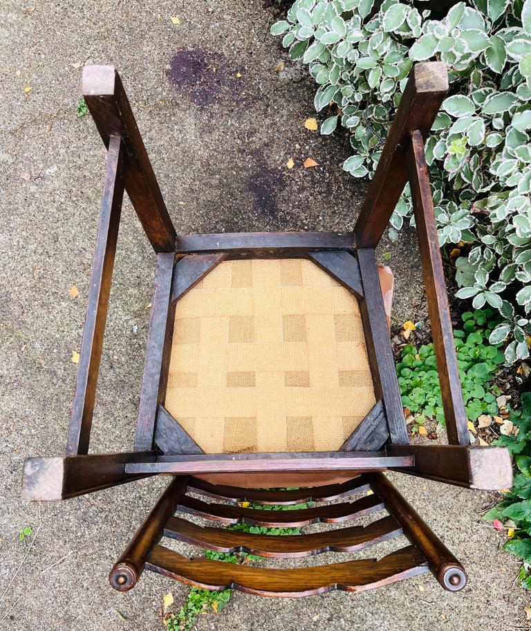 Pair of Vintage Wooden Ladder-Back Dining Chairs – Tan Faux Leather Seats
