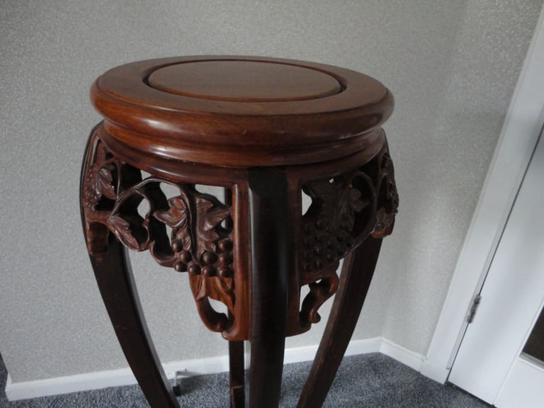 Asian hardwood chinoiserie, hand carved plant pot pedestal table, round wooden top