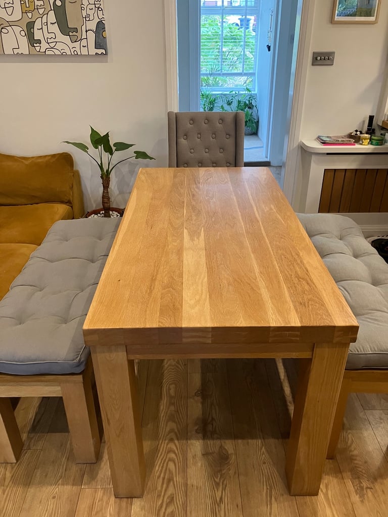 image for Solid oak dining table and benches plus 2 padded chairs