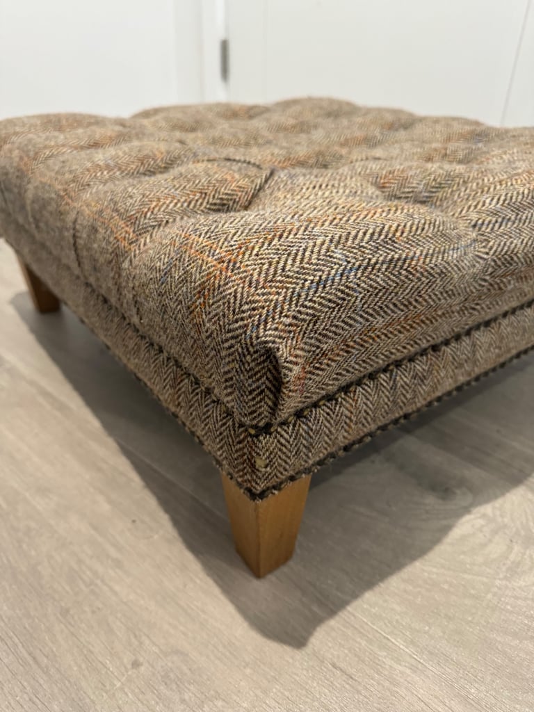 Harris Tweed Fabric Herringbone Buttoned Chesterfield Chair Low Footstool