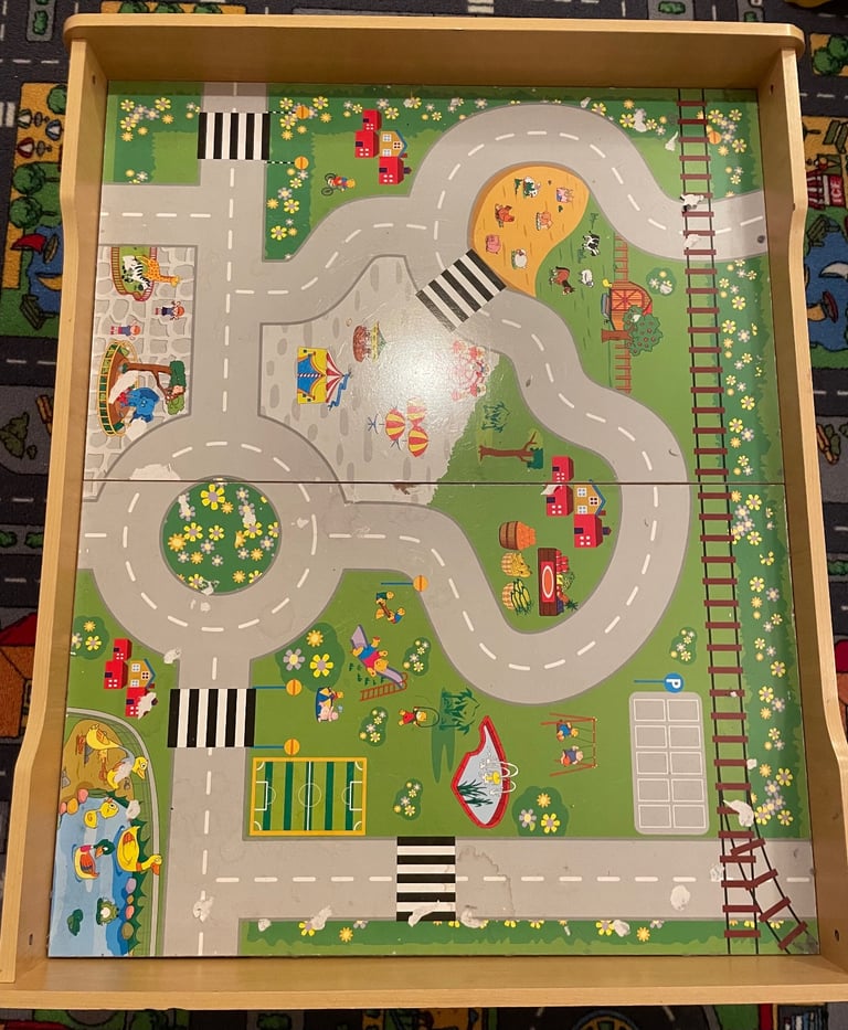 Kids wooden train table with drawer
