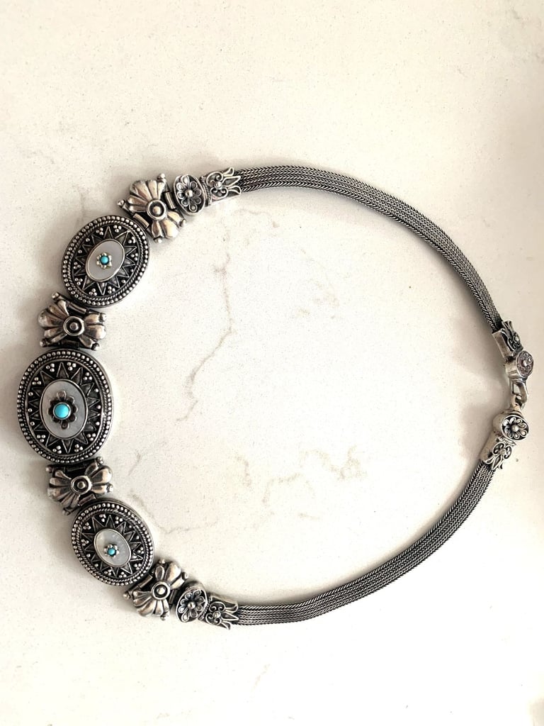image for Byzantine Sterling Silver Mother of Pearl vintage bib necklace, turquoise stones
