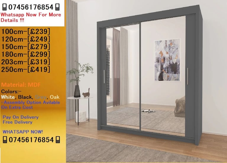 Chicago Wardrobe All Brand-New Sliding Mirrored Wardrobes with Multiple Designs..!!