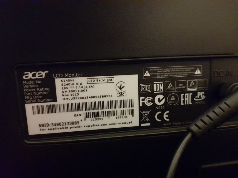 27 inch 1080p Computer Monitor ACER LED Eco display 1920 x 1080 