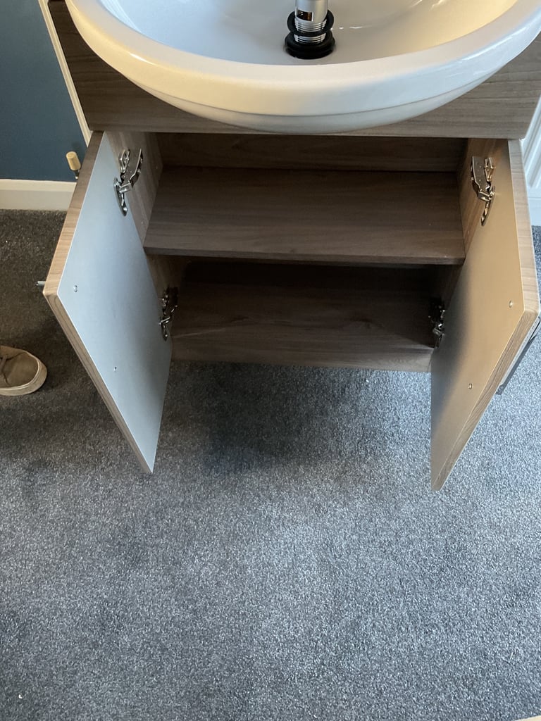 Dark Elm &white 600mm slimline vanity with semi recessed basin, mixer & waste