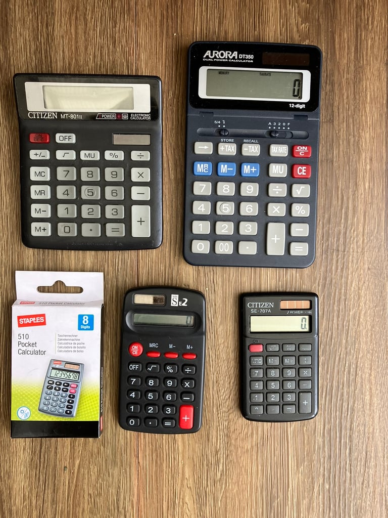 Stationery: 5 Calculators (Aurorar/Citizen/Staples/WHS). Collect Chi