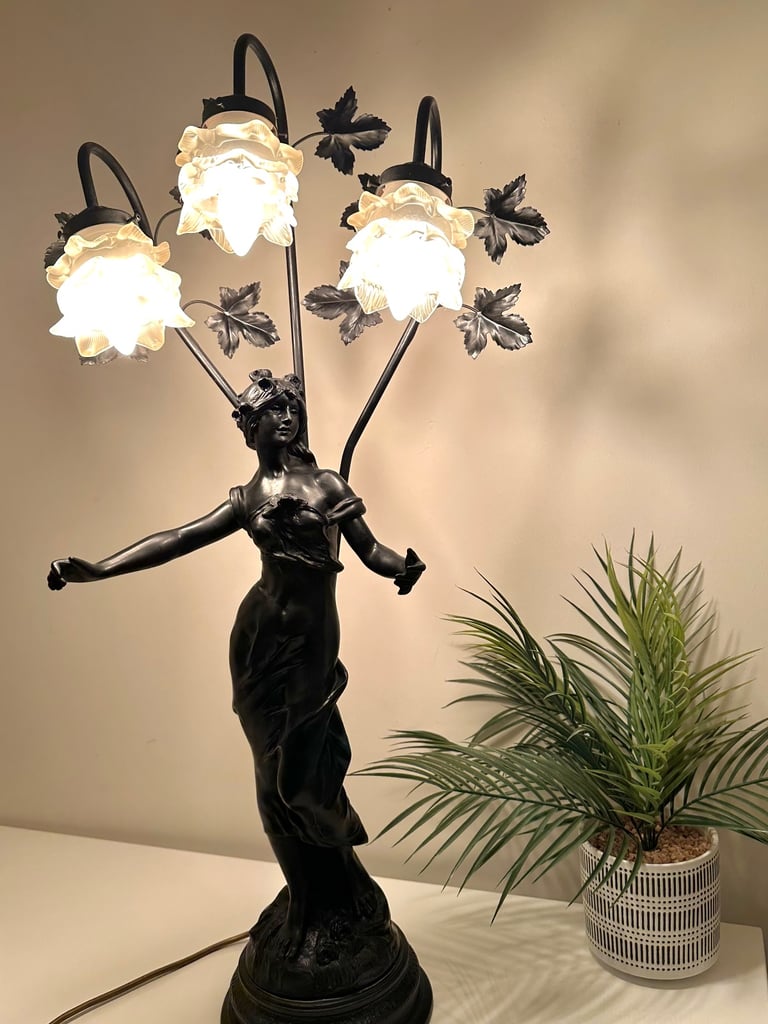 image for Approx 90 Cm Large And Very Heavy Vintage Art Nouveau Style 3 Lights Lamp