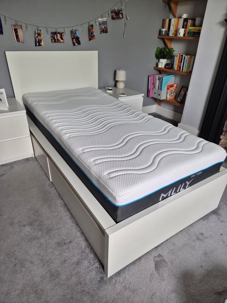 Ikea MALM single divan bed with mattress, 2 storage boxes, white