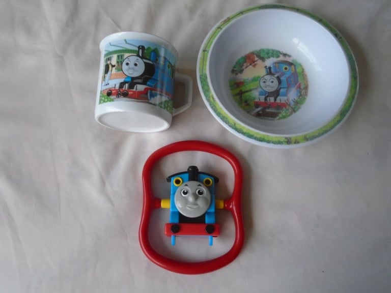 image for Baby child melamine mug, dish and spinning rattle, Thomas the Tank Engine, food drink