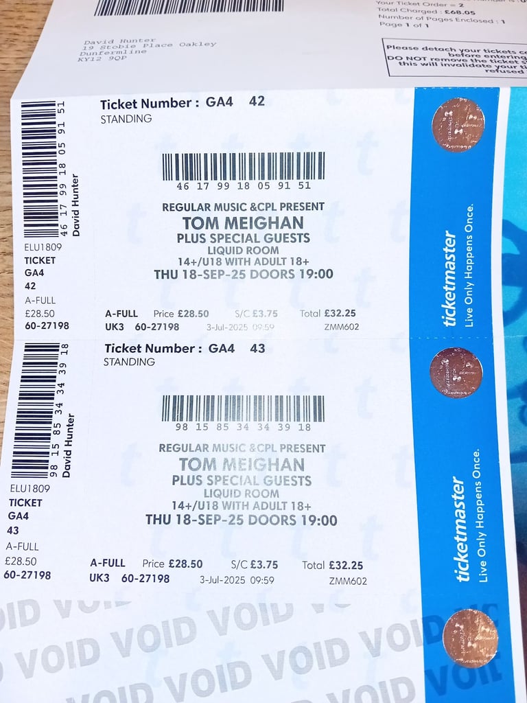 2 x TOM MEIGHAN Gig Edinburgh Liquid Rooms THU 18TH Sept 2025