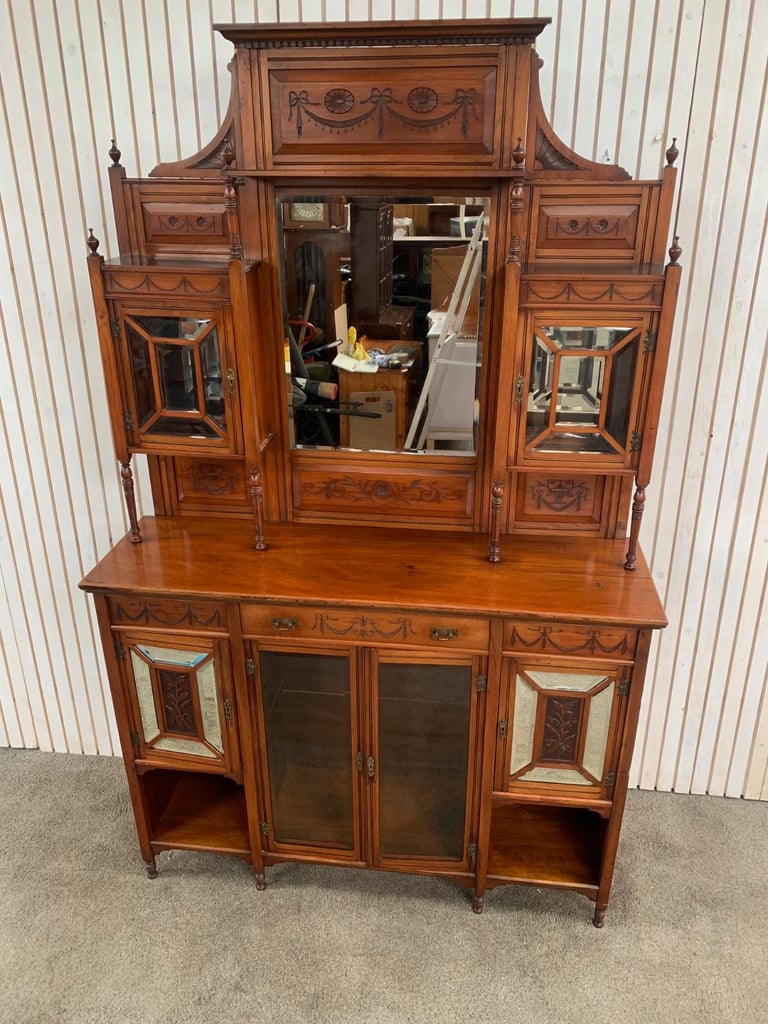 Display Cabinet/ Dresser Antique Edwardian Mirror Back Walnut 