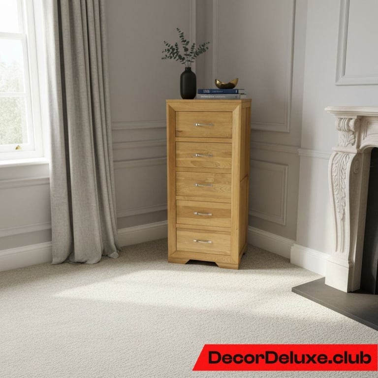 image for Oak FurnitureLand Bevel Range Tallboy Drawers - Solid Oak - Delivery Available 015-C