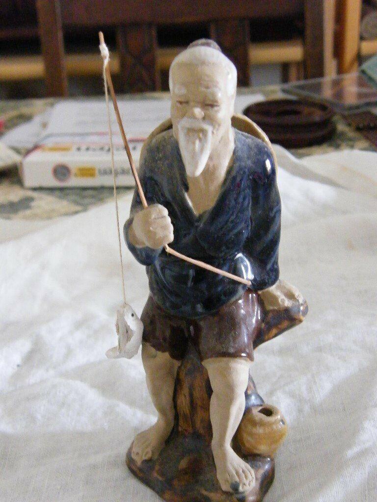 Shiwan Mud Man Fishing Figurine Ceramic Glazed Art Pottery Chinese
